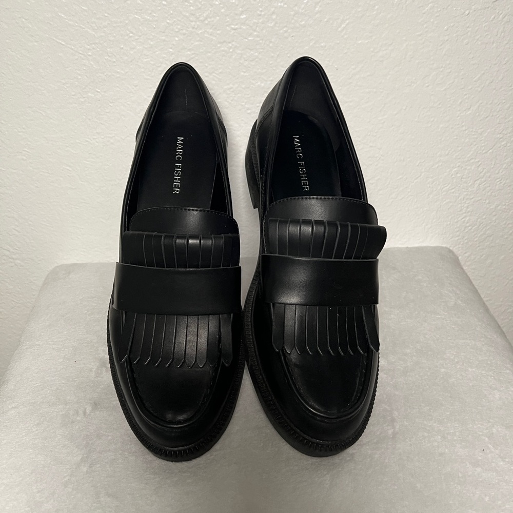 Marc Fisher Black Leather Fringe Loafers